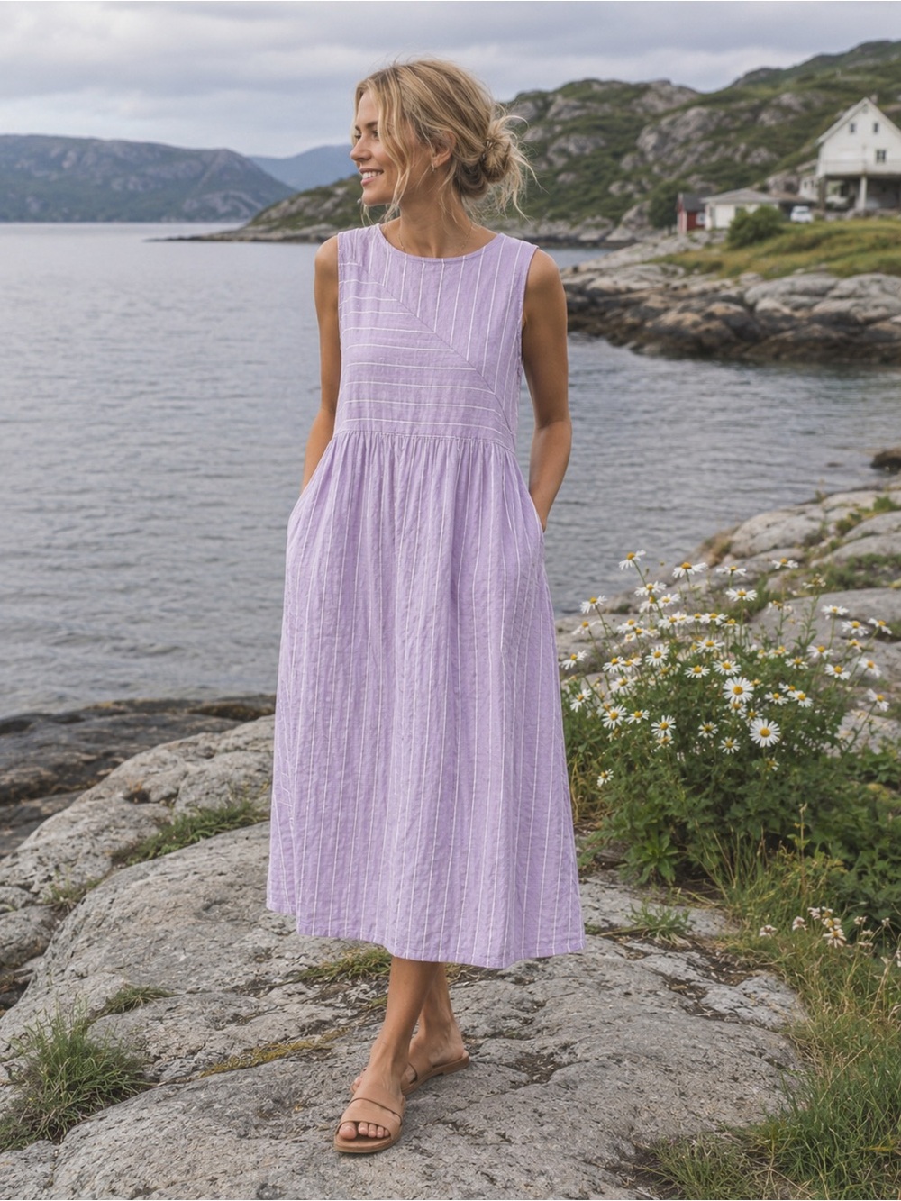 Vanessa Zani Italian 100% Linen Midi Dress w/ pockets Purple White Stripes
